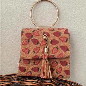 Strawberry Print Cork Bag with Gold Handle